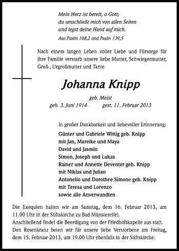 Anzeige von Johanna Knipp von Kölner Stadt-Anzeiger / Kölnische Rundschau / Express