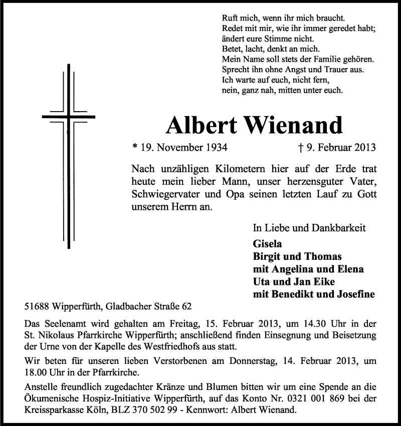  Traueranzeige für Albert Wienand vom 13.02.2013 aus Kölner Stadt-Anzeiger / Kölnische Rundschau / Express