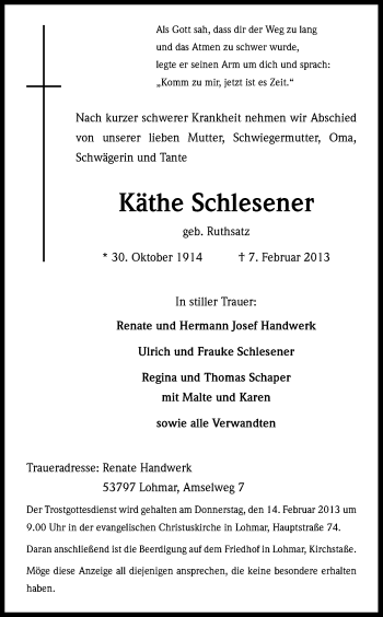 Anzeige von Käthe Schlesener von Kölner Stadt-Anzeiger / Kölnische Rundschau / Express