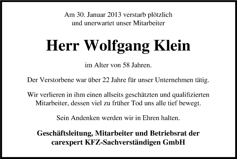  Traueranzeige für Wolfgang Klein vom 14.02.2013 aus Kölner Stadt-Anzeiger / Kölnische Rundschau / Express