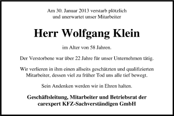 Anzeige von Wolfgang Klein von Kölner Stadt-Anzeiger / Kölnische Rundschau / Express