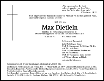 Anzeige von Max Dietlein von Kölner Stadt-Anzeiger / Kölnische Rundschau / Express