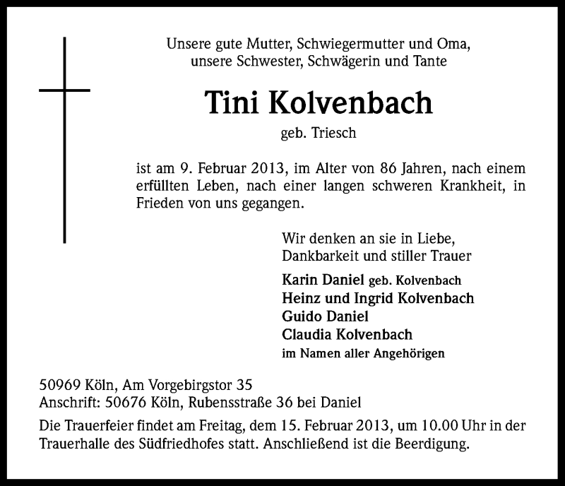  Traueranzeige für Tini Kolvenbach vom 13.02.2013 aus Kölner Stadt-Anzeiger / Kölnische Rundschau / Express