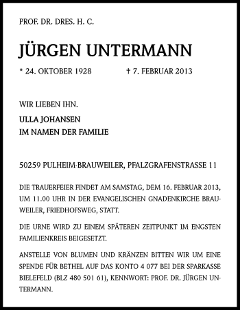 Anzeige von Jürgen Untermann von Kölner Stadt-Anzeiger / Kölnische Rundschau / Express