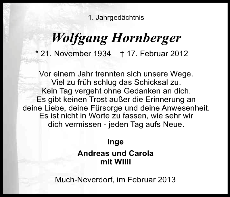  Traueranzeige für Wolfgang Hornberger vom 16.02.2013 aus Kölner Stadt-Anzeiger / Kölnische Rundschau / Express