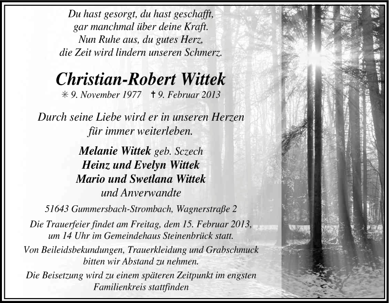  Traueranzeige für Christian-Robert Wittek vom 13.02.2013 aus Kölner Stadt-Anzeiger / Kölnische Rundschau / Express