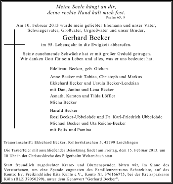 Anzeige von Gerhard Becker von Kölner Stadt-Anzeiger / Kölnische Rundschau / Express