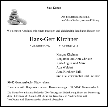 Anzeige von Hans-Gert Kirchner von Kölner Stadt-Anzeiger / Kölnische Rundschau / Express