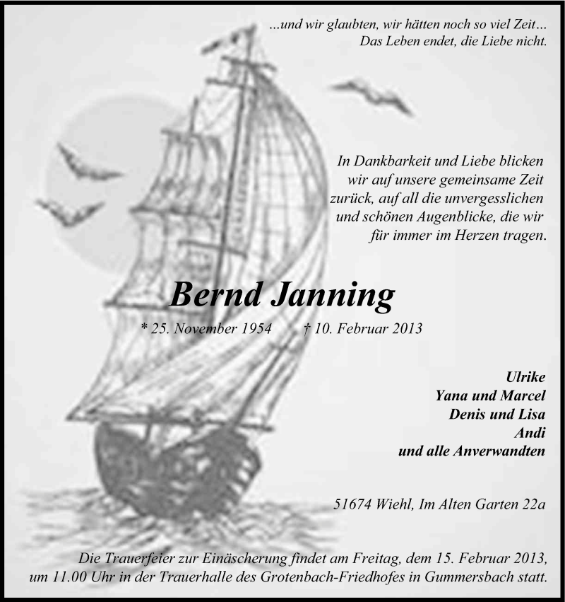  Traueranzeige für Bernd Janning vom 13.02.2013 aus Kölner Stadt-Anzeiger / Kölnische Rundschau / Express