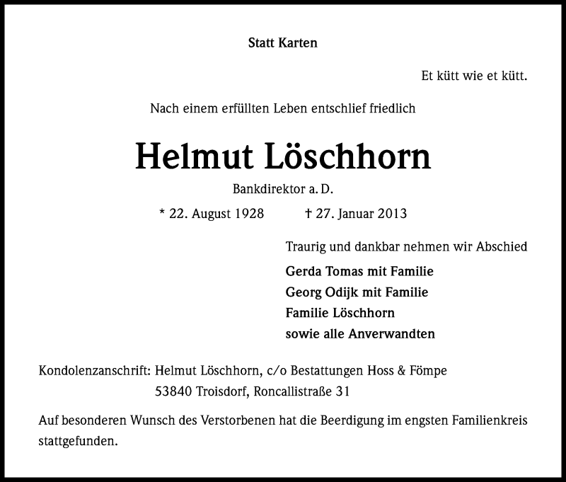  Traueranzeige für Helmut Löschhorn vom 14.02.2013 aus Kölner Stadt-Anzeiger / Kölnische Rundschau / Express
