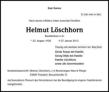Anzeige von Helmut Löschhorn von Kölner Stadt-Anzeiger / Kölnische Rundschau / Express