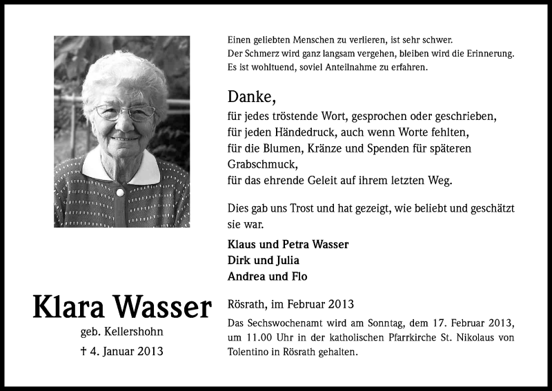 Traueranzeige für Klara Wasser vom 15.02.2013 aus Kölner Stadt-Anzeiger / Kölnische Rundschau / Express