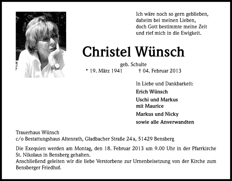  Traueranzeige für Christel Wünsch vom 13.02.2013 aus Kölner Stadt-Anzeiger / Kölnische Rundschau / Express