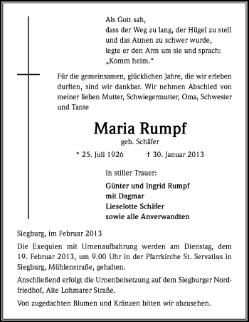 Anzeige von Maria Rumpf von Kölner Stadt-Anzeiger / Kölnische Rundschau / Express