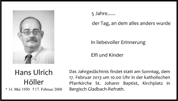Anzeige von Hans Ulrich Höller von Kölner Stadt-Anzeiger / Kölnische Rundschau / Express