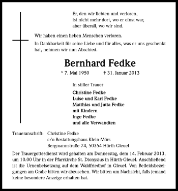 Anzeige von Bernhard Fedke von Kölner Stadt-Anzeiger / Kölnische Rundschau / Express