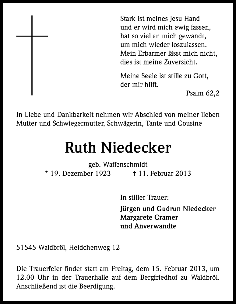  Traueranzeige für Ruth Niedecker vom 13.02.2013 aus Kölner Stadt-Anzeiger / Kölnische Rundschau / Express