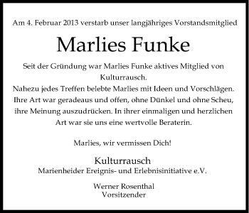 Anzeige von Marlies Funke von Kölner Stadt-Anzeiger / Kölnische Rundschau / Express