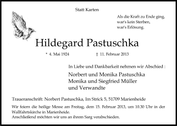 Anzeige von Hildegard Pastuschka von Kölner Stadt-Anzeiger / Kölnische Rundschau / Express