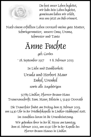 Anzeige von Änne Fuchte von Kölner Stadt-Anzeiger / Kölnische Rundschau / Express