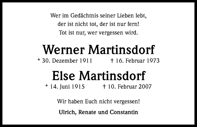  Traueranzeige für Werner Martinsdorf vom 15.02.2013 aus Kölner Stadt-Anzeiger / Kölnische Rundschau / Express