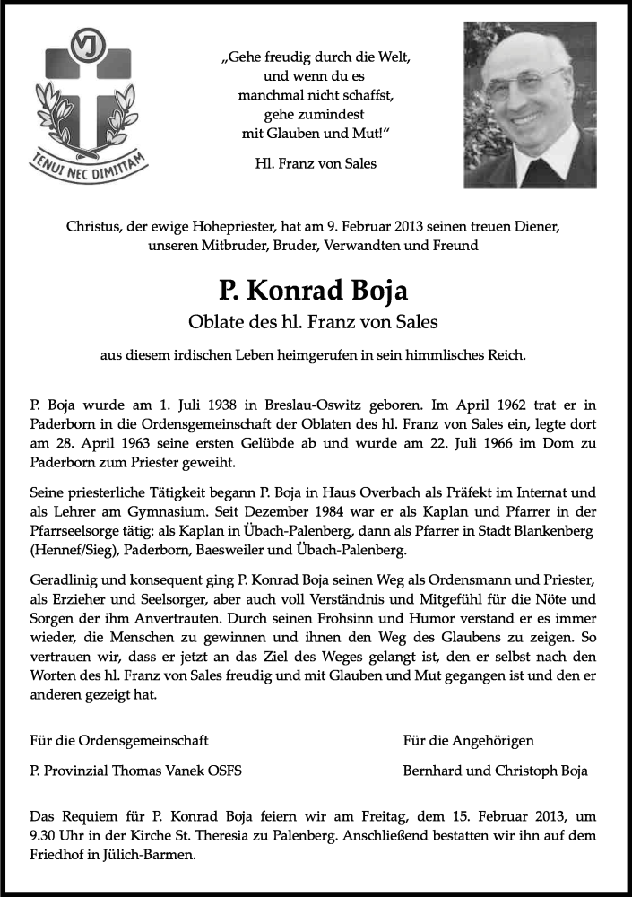  Traueranzeige für P. Konrad Boja vom 13.02.2013 aus Kölner Stadt-Anzeiger / Kölnische Rundschau / Express