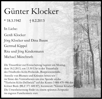 Anzeige von Günter Klocker von Kölner Stadt-Anzeiger / Kölnische Rundschau / Express