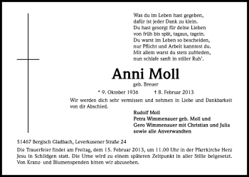 Anzeige von Anni Moll von Kölner Stadt-Anzeiger / Kölnische Rundschau / Express