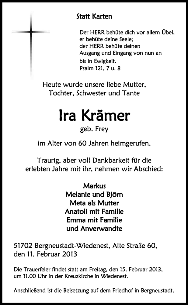  Traueranzeige für Ira Krämer vom 14.02.2013 aus Kölner Stadt-Anzeiger / Kölnische Rundschau / Express