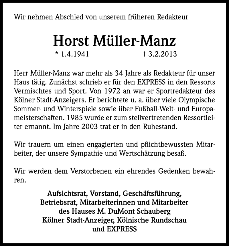  Traueranzeige für Horst Müller-Manz vom 13.02.2013 aus Kölner Stadt-Anzeiger / Kölnische Rundschau / Express
