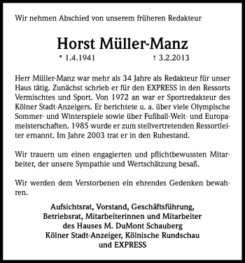 Anzeige von Horst Müller-Manz von Kölner Stadt-Anzeiger / Kölnische Rundschau / Express