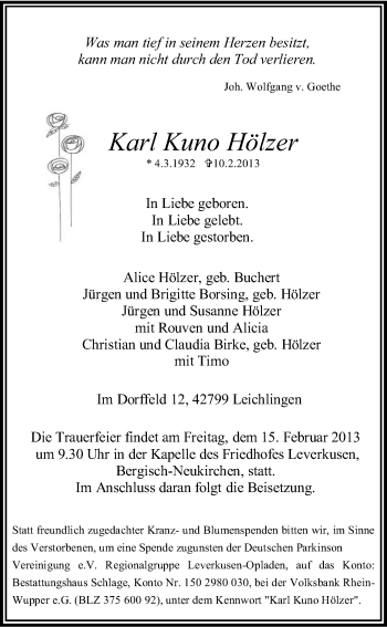 Anzeige von Karl Kuno Hölzer von Kölner Stadt-Anzeiger / Kölnische Rundschau / Express