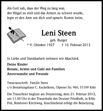 Anzeige von Leni Steen von Kölner Stadt-Anzeiger / Kölnische Rundschau / Express