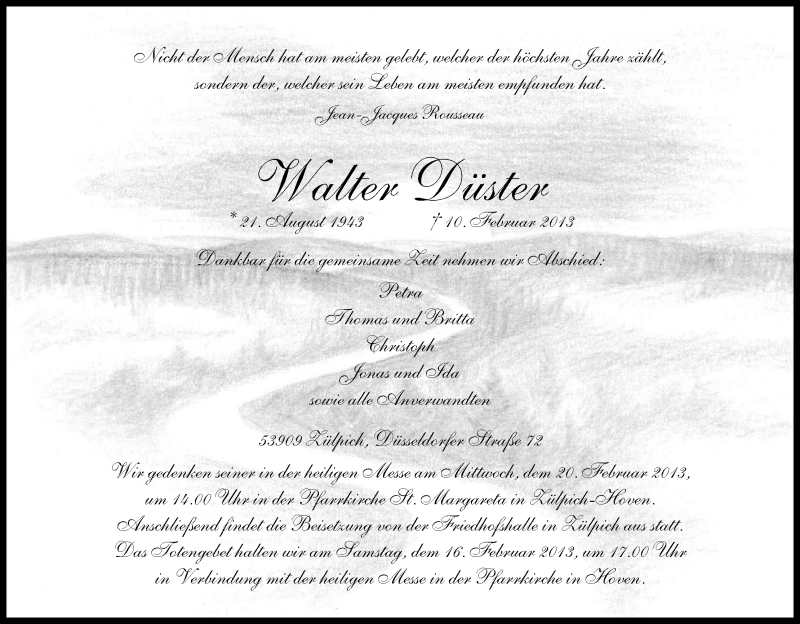  Traueranzeige für Walter Düster vom 14.02.2013 aus Kölner Stadt-Anzeiger / Kölnische Rundschau / Express