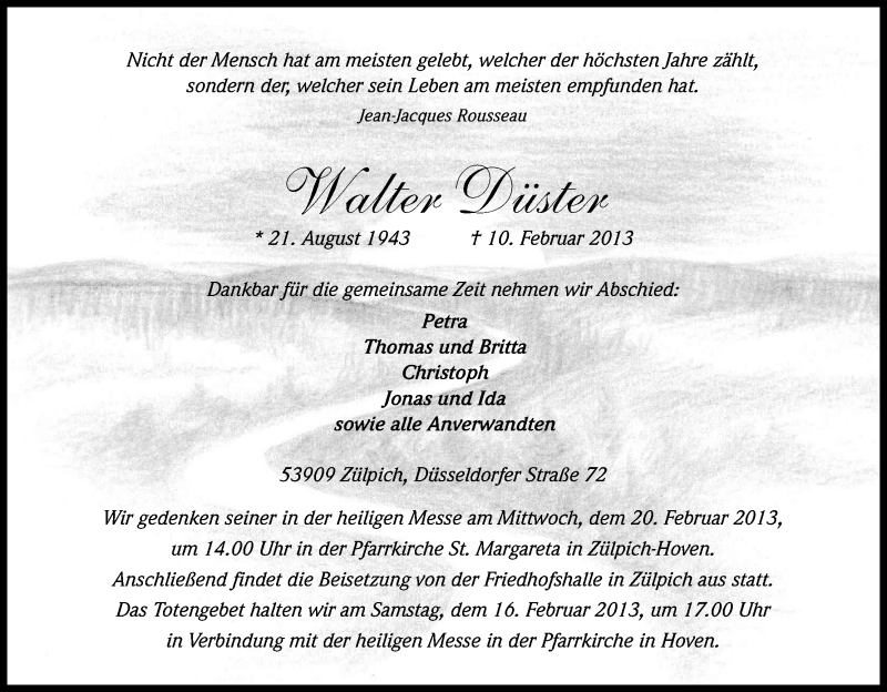  Traueranzeige für Walter Düster vom 15.02.2013 aus Kölner Stadt-Anzeiger / Kölnische Rundschau / Express