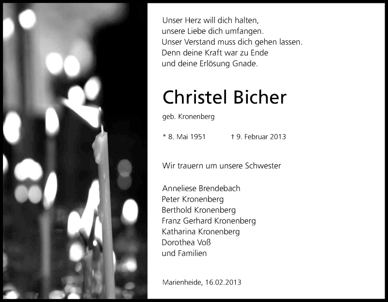  Traueranzeige für Christel Bicher vom 16.02.2013 aus Kölner Stadt-Anzeiger / Kölnische Rundschau / Express