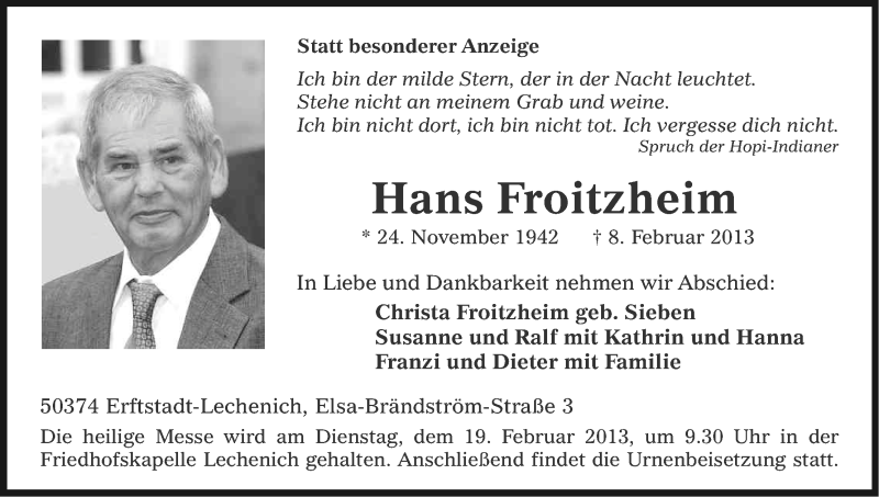  Traueranzeige für Hans Froitzheim vom 13.02.2013 aus Kölner Stadt-Anzeiger / Kölnische Rundschau / Express