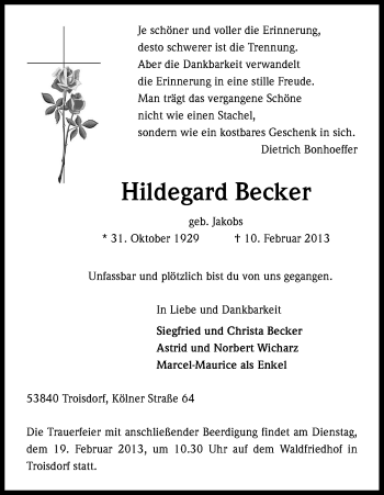 Anzeige von Hildegard Becker von Kölner Stadt-Anzeiger / Kölnische Rundschau / Express