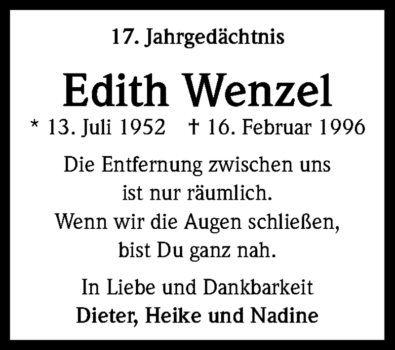  Traueranzeige für Edith Wenzel vom 16.02.2013 aus Kölner Stadt-Anzeiger / Kölnische Rundschau / Express