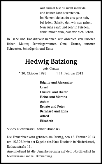Anzeige von Hedwig Batziong von Kölner Stadt-Anzeiger / Kölnische Rundschau / Express