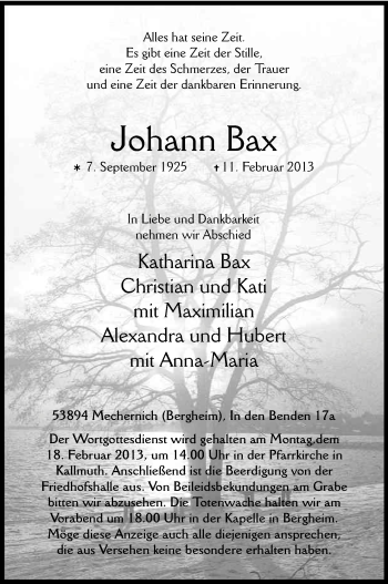 Anzeige von Johann Bax von Kölner Stadt-Anzeiger / Kölnische Rundschau / Express
