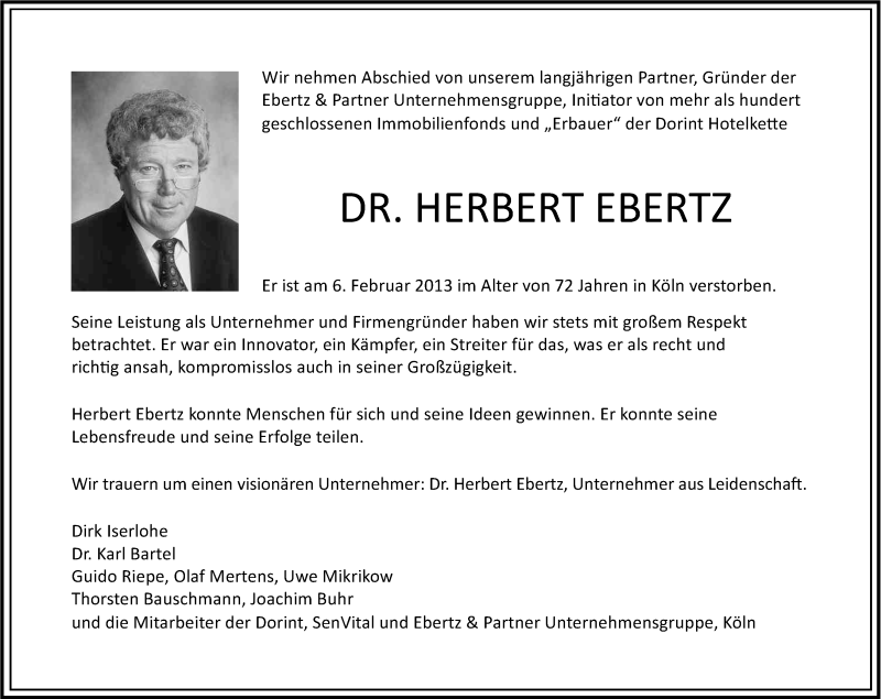  Traueranzeige für Herbert Ebertz vom 16.02.2013 aus Kölner Stadt-Anzeiger / Kölnische Rundschau / Express