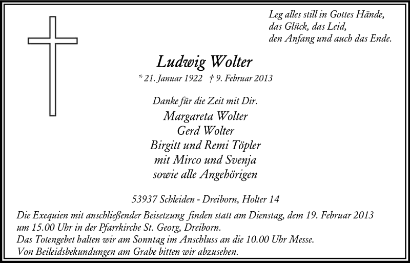  Traueranzeige für Ludwig Wolter vom 14.02.2013 aus Kölner Stadt-Anzeiger / Kölnische Rundschau / Express