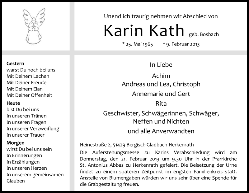  Traueranzeige für Karin Kath vom 16.02.2013 aus Kölner Stadt-Anzeiger / Kölnische Rundschau / Express