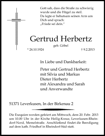 Anzeige von Gertrud Herbertz von Kölner Stadt-Anzeiger / Kölnische Rundschau / Express