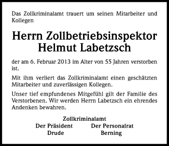 Anzeige von Helmut Labetzsch von Kölner Stadt-Anzeiger / Kölnische Rundschau / Express