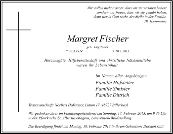 Anzeige von Margret Fischer von Kölner Stadt-Anzeiger / Kölnische Rundschau / Express