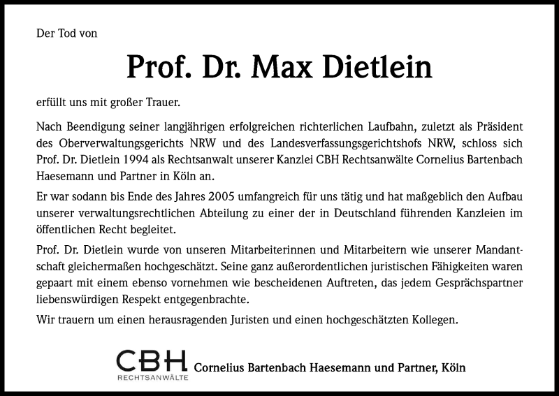  Traueranzeige für Max Dietlein vom 13.02.2013 aus Kölner Stadt-Anzeiger / Kölnische Rundschau / Express