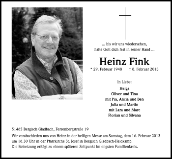 Anzeige von Heinz Fink von Kölner Stadt-Anzeiger / Kölnische Rundschau / Express