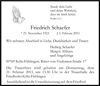 Anzeige von Friedrich Schaefer von Kölner Stadt-Anzeiger / Kölnische Rundschau / Express